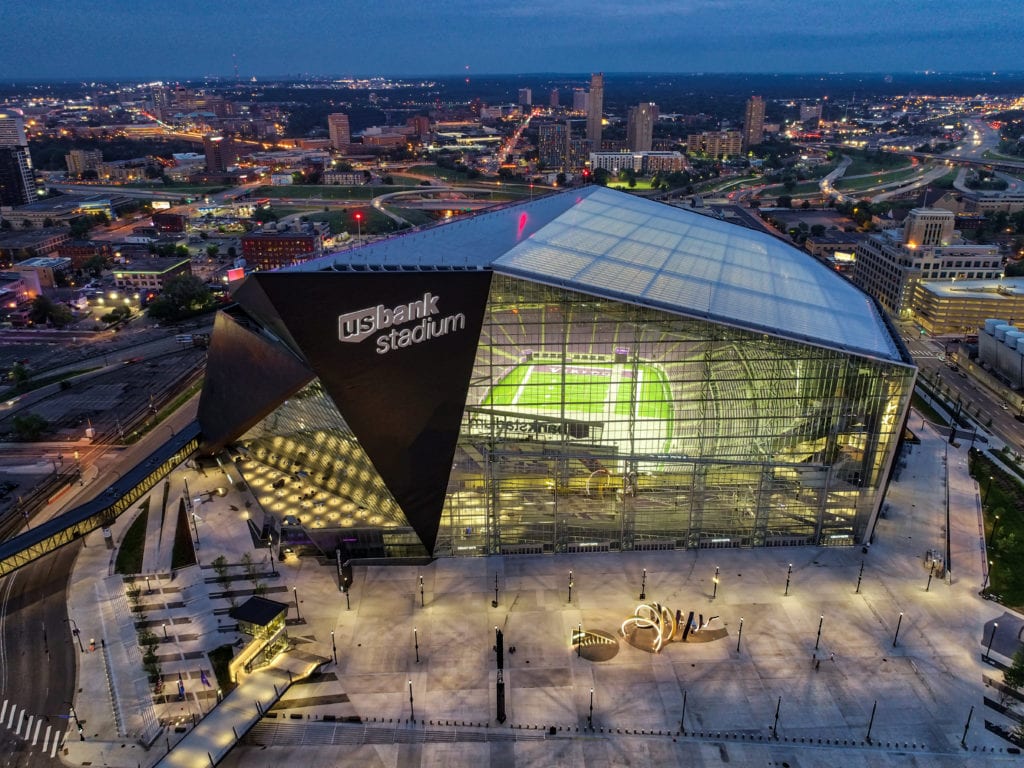 Aerial of US Bank Stadium at dusk Stadium Parking Guides